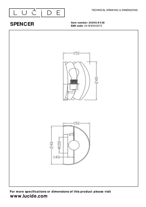 Lucide SPENCER - Wall light - 1xE27 - Grey - technical